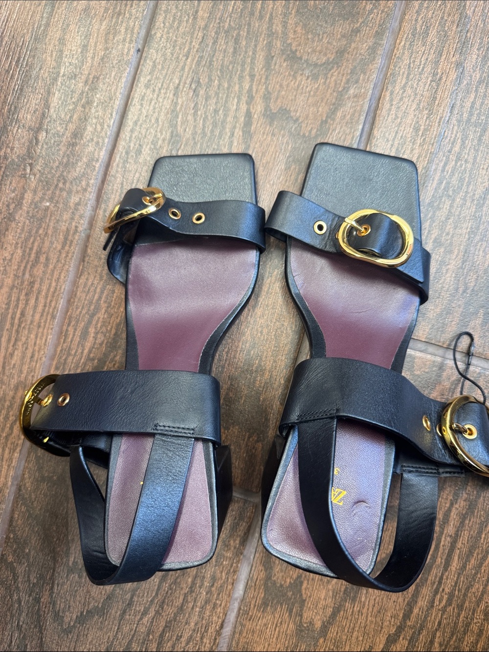 Zara Black Leather Square-Toe Slide Sandals with Gold Buckles